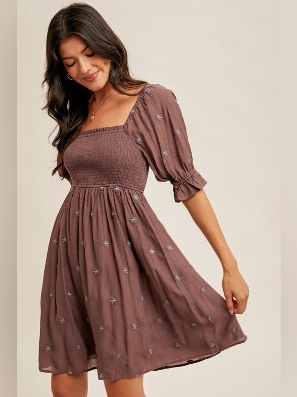 Hem & Thread Daisy Embroidered Smocked Dress - Eggplant NWT
